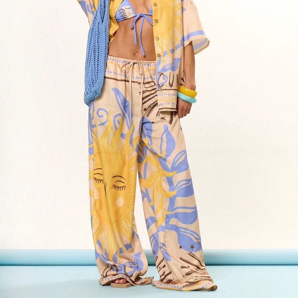 Multicolor Boho Women's Wide Leg Graphic Trousers